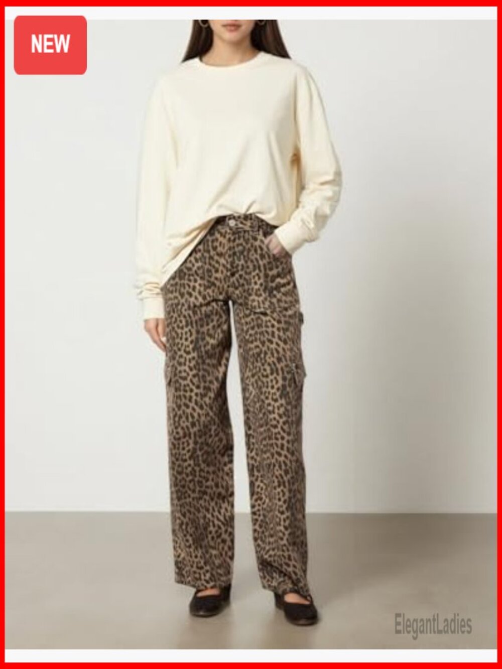 Women's Leopard Print Cargo Jeans Straight Leg Baggy Boyfriend Fit with Pockets - Picture 5 of 7